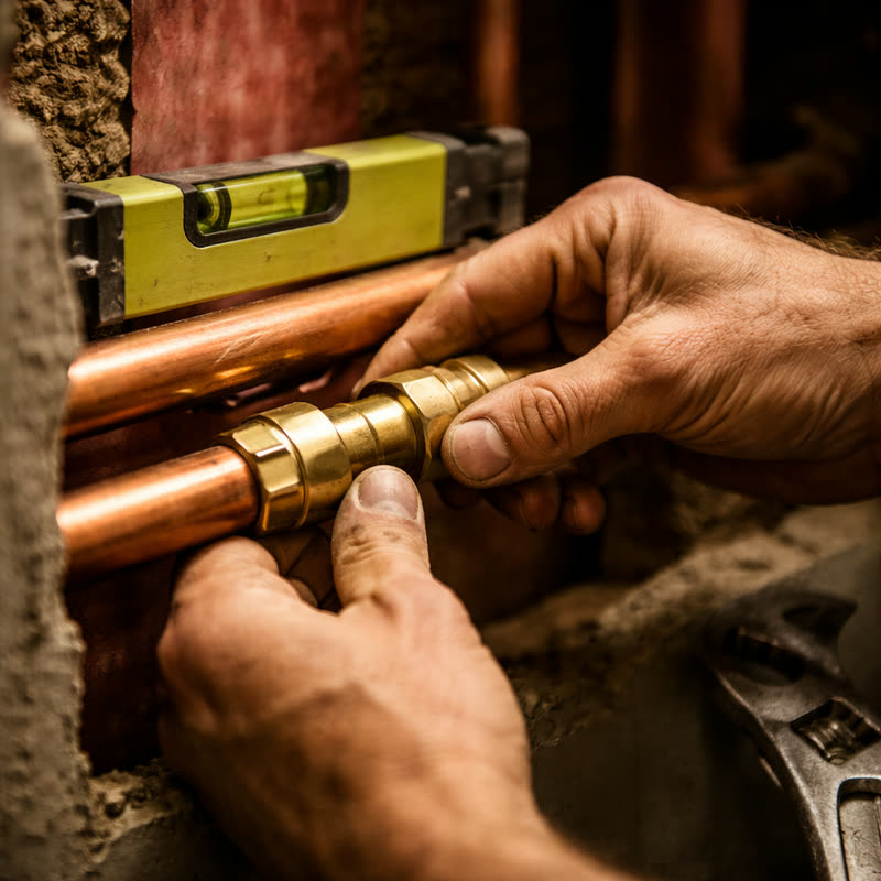 Loodgieterwerk — messing koppeling op koperen waterleidingen wordt vastgedraaid