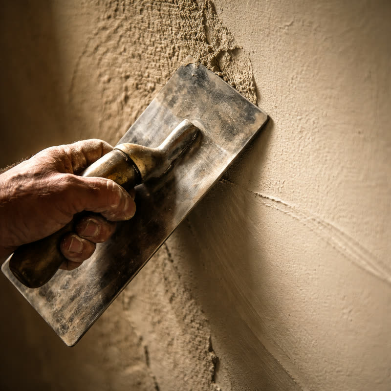 Stucwerk — troffel gladt verse pleister uit over de wand