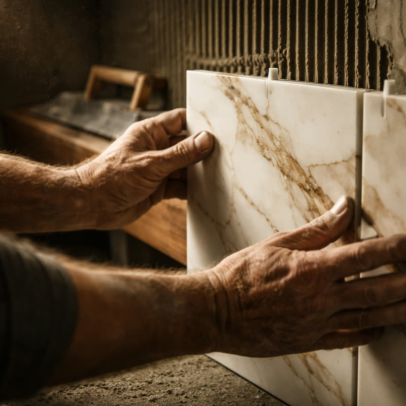 Tegelwerk — calacatta marmer tegel met vakkundige hand geplaatst